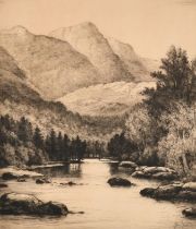 John Fullwood (1854-1931) British. "Gate Crag, Borrow Dale", Etching, Signed and inscribed in