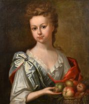 Circle of Herman van der Mijn (1684-1741) Dutch. Bust Portrait of a Young Lady holding a Basket of