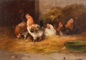 Benlure (19th-20th Century) European. Chickens in a Barn, Oil on canvas, Indistinctly signed, 6.