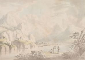 Anthony Devis (1729-1816) British. Figures in an Extensive River Landscape, Ink, watercolour and