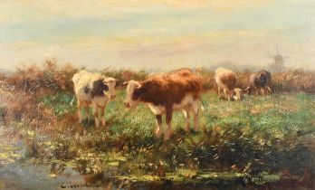 C Wescheur (19th-20th Century) European. Cattle Watering, Oil on canvas, Indistinctly signed, 11.75"