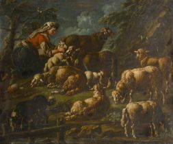 Circle of Philipp Peter Roos (1655-1706) German. A Shepherdess and her Flock, Oil on canvas, 25" x