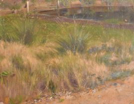 Thomas Blinks (1860-1912) British. Study of Undergrowth with a River beyond, Oil on card, Signed