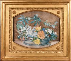 18th Century French School. A Still Life with a Bowl of Flowers on a Marble Ledge, Gouache on