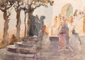 Circle of John Singer Sargent (1856-1925) American. Figures by a Fountain, Watercolour, Bears a