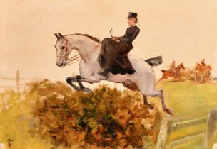 Thomas Blinks (1860-1912) British. A Lady Riding Side Saddle Taking a Fence, Oil on paper, Signed
