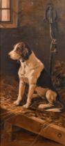 After John Emms (1844-1912) British. A Fox Hound in a Stable, Oil on artist's board, 26" x 12" (66 x