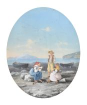 Annibale Gatti (1828-1909) Italian. Figures in a Neapolitan Coastal Scene, Gouache, Signed, Oval,