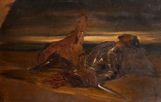 Circle of Joseph Noel Paton (1821-1901) British. "The Fallen Knight", Oil on board, Inscribed verso,