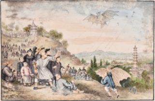 19th Century Chinese School. Figures Flying Kites, Watercolour, unframed 5" x 7.5" (12.7 x 19cm) and