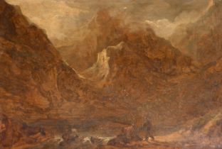 Early 19th Century English School. Figures in a Mountainous Landscape, Oil on paper, unframed 6.