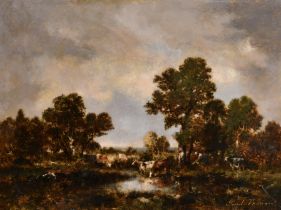 Paul Vernon (1796-1875) British. A Barbizon River Landscape with Cattle Watering, Oil on panel,
