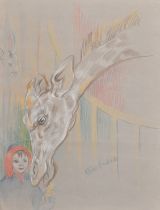 Athene Andrade (1908- 1973) British. Study of a Giraffe and a Young Girl, Chalk, Signed, unframed