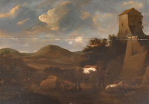 Circle of Adriaen van de Velde (1636-1672) Dutch. Cattle in an Extensive Landscape, Oil on a three