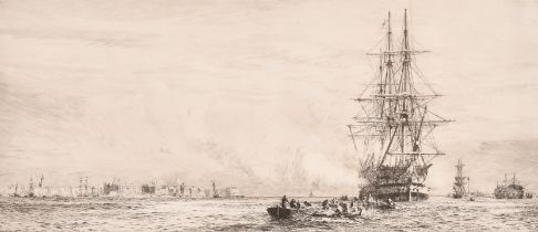 William Lionel Wyllie (1851-1931) British. "Portsmouth Harbour" with Victory, Etching, Signed in
