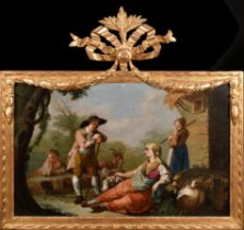 18th Century North Italian School. Goatherds by a Cottage, Oil on canvas, In a fine ornate carved