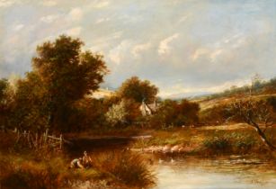 Joseph Thors (1835-1884) British. Figures Fishing in a River Landscape, Oil on canvas, Signed and