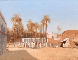 Guillaume Larrue (1851-1935) French. "Laghouat", an oasis, Oil on panel, Signed, and inscribed