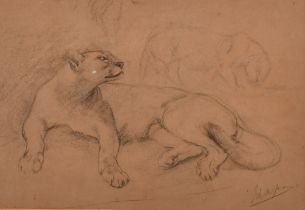 John Macallan Swan (1846-1910) British. "Lioness Reclining", Pencil, Signed, and inscribed on a