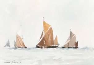 Edward Wesson (1910-1983) British. "Thames Sailing Barges", Watercolour, Signed, and inscribed on