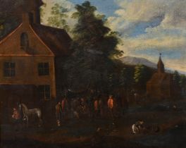 17th Century Dutch School. Figures Outside a Tavern, Oil on copper, 9.25" x 12.25" (23.5 x 31.1cm)