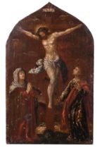 18th Century European School. Christ On The Cross, Oil on panel, Shaped, unframed 20.25" x 12.25" (