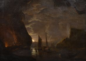 Circle of Henry Pether (1800-1880) British. Smugglers Unloading by Moonlight, Oil on canvas,