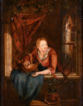 Manner of Willem van Mieris (1662-1747) Dutch. A Lady in a Window, Oil on panel, 7.5" x 6.25" (19