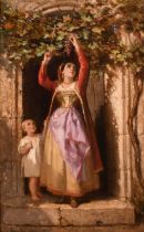 19th Century Italian School. A Mother and Child Picking Grapes, Oil on panel, Inscribed verso, 10.5"