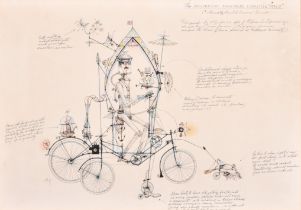 Rowland Emett (1906-1990) British. "The Explanatory Moon-Probe Lunacycle 'Maud'", Watercolour and