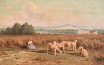 Jean Ferdinand Chaigneau (1830-1906) French. Shepherdess and Flock, Oil on board, Inscribed on the