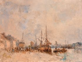 Circle of Eugene Boudin (1824-1898) French. A Harbour Scene, Oil on panel, Indistinctly Signed,