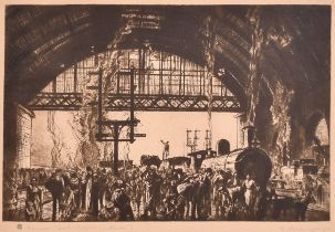 Frank Brangwyn (1867-1956) British. "Cannon Street Station", Engraving, Bears a signature and