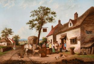 Georgina Lara (act.1840-1880) British. Figures and Horses Outside The Royal Oak, Oil on board, 9.25"