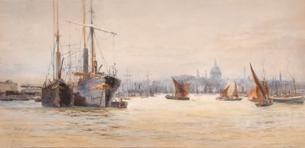 Hubert James Medlycott (1841-1920) British. 'Shipping On The Thames At Dusk', Watercolour, Signed