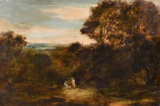 Attributed to George Petrie (1790-1866) British. Figures in a Landscape, Oil on canvas, unframed 15"