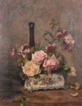 M Bartier Deroche (19th Century) British. A Still Life of a Bottle and Flowers in a Vase, Oil on