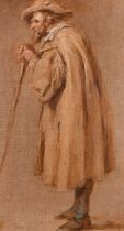 19th Century English School. A Study of a Man Leaning on a Stick, Oil on canvas laid down, 13.25"