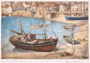 Edward Bouverie Hoyton (1900-1988) British. "Mousehole", Etching in colours, Signed and inscribed in