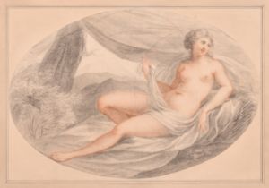 Circle of Francesco Bartolozzi (1727-1815) Italian. A Reclining Nude, Red chalk and pencil, Oval, In