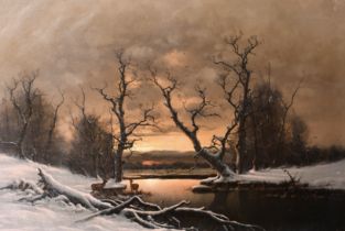 Nils Hans Christiansen (1850-1922) Danish. Deer in an Evening Winter Landscape, Oil on canvas,
