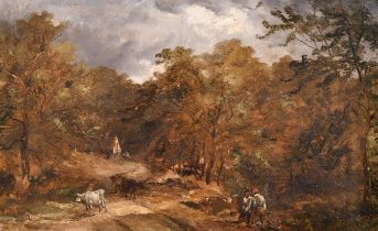 Circle of John Constable (1776-1837) British. Figures and Cattle in a Wooded Landscape, Oil on