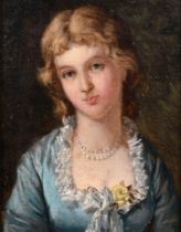 19th Century English School. Bust Portrait of a Lady in a Blue Dress, Oil on canvas laid down, 5.75"