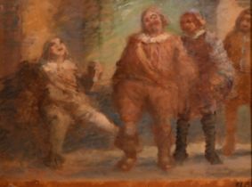 Victor Borregaard (1875-1939) Danish. Jovial Figures, Oil on board, Signed with initials, and