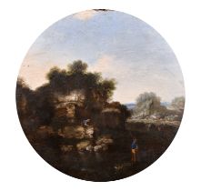 Circle of Gottfried Wals (1595-1638) German. Figures in a River Landscape, Oil on panel, Circular,