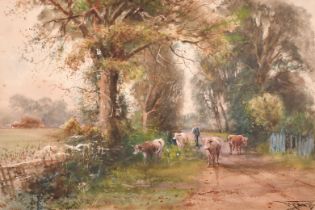 Henry Charles Fox (1855-1929) British. Drover and Cattle on a Country Lane, Watercolour, Signed