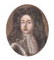 17th Century English School. Bust Portrait of a Wigged Gentleman in Armour, Oil on copper, Oval 3.