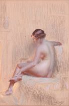 Delphin Enjolras (1857-1945) French. A Seated Nude by the Fireside, Pastel, Signed, 21" x 14.5" (