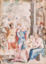 Attributed to Frans de Jongh (c.1640-1705) Dutch. "Adoration of the Young Christ", Watercolour on