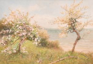 Arthur Hopkins (1848-1930) British. "An Orchard by the Solent", Watercolour, Signed, and inscribed